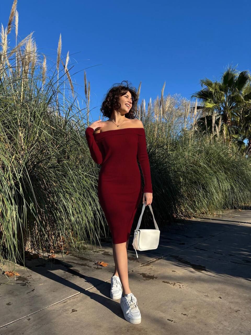 Madonna Yaka Midi Elbise - Bordo