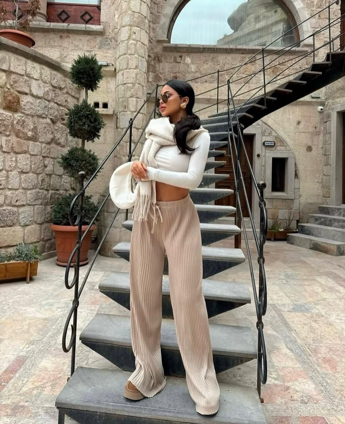 Biyeli Salaş Pantolon-Krem