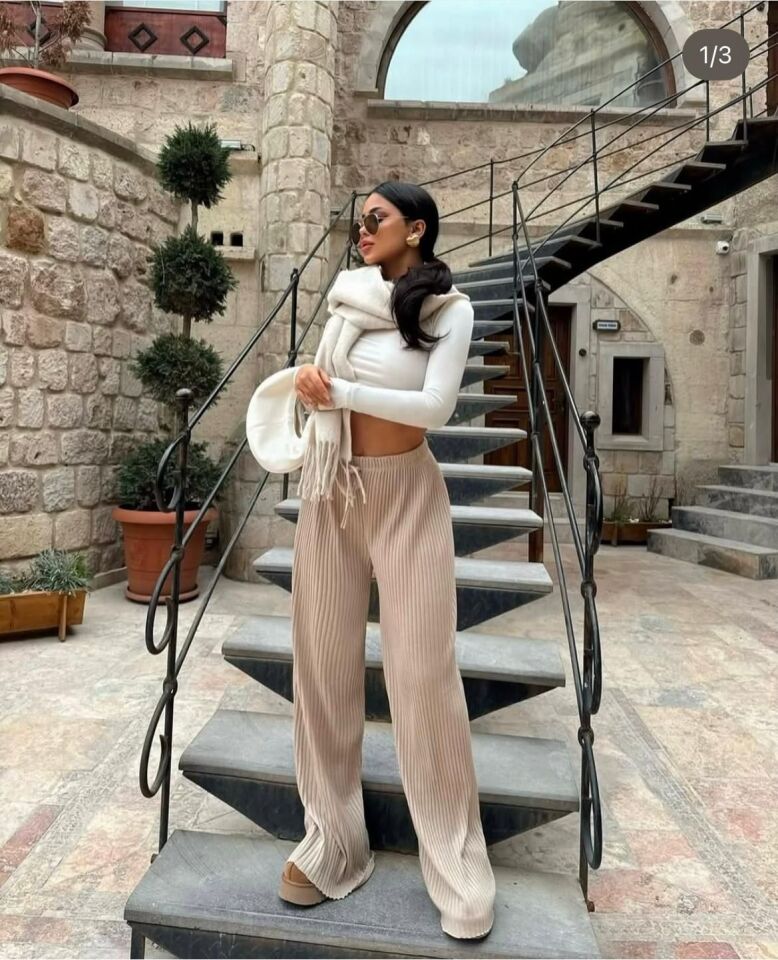 Biyeli Salaş Pantolon-Krem