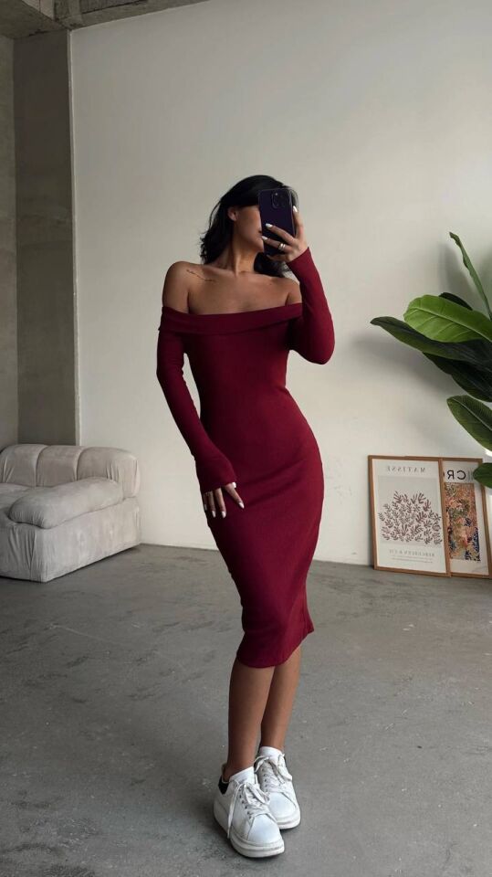 Madonna Yaka Midi Elbise - Bordo