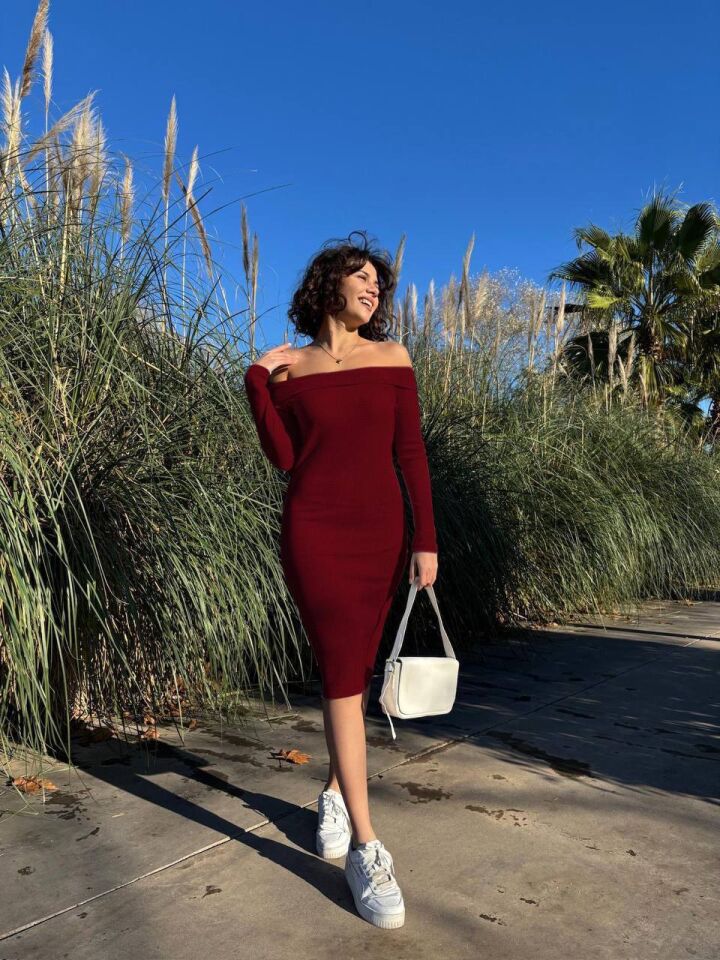 Madonna Yaka Midi Elbise - Bordo