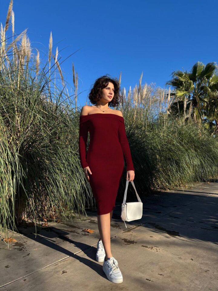 Madonna Yaka Midi Elbise - Bordo