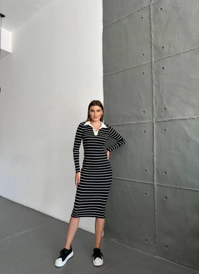 Polo Yaka Çizgili Elbise-Siyah