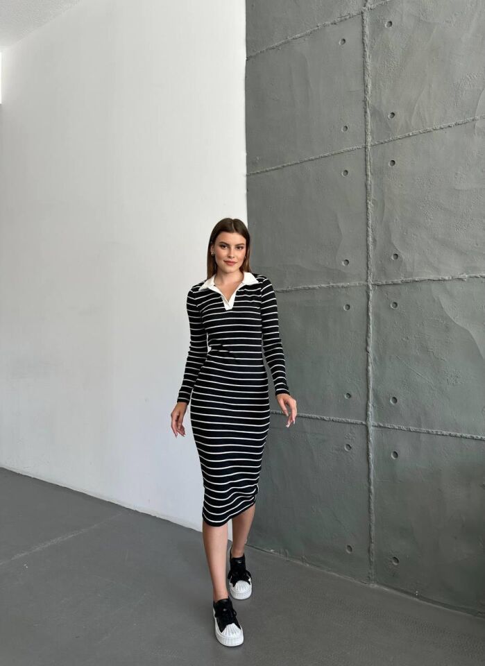 Polo Yaka Çizgili Elbise-Siyah