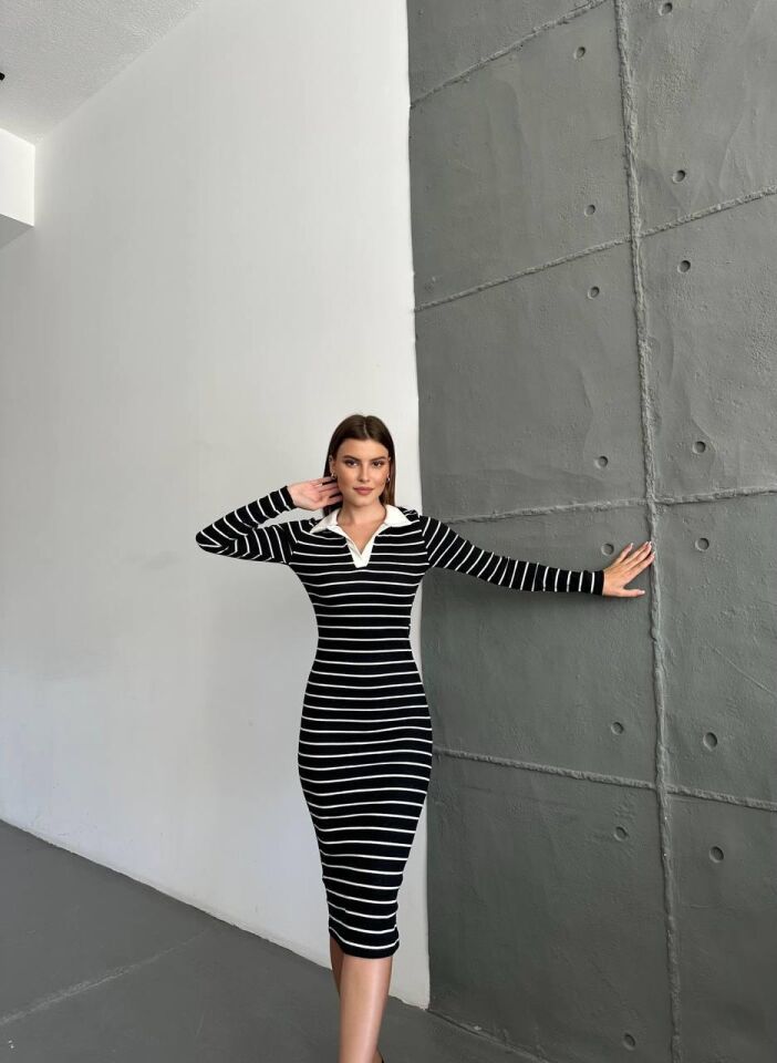 Polo Yaka Çizgili Elbise-Siyah