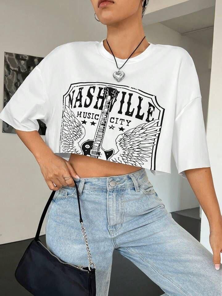 Gitar Baskılı Crop-Beyaz