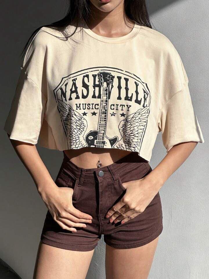 Gitar Baskılı Crop-Krem
