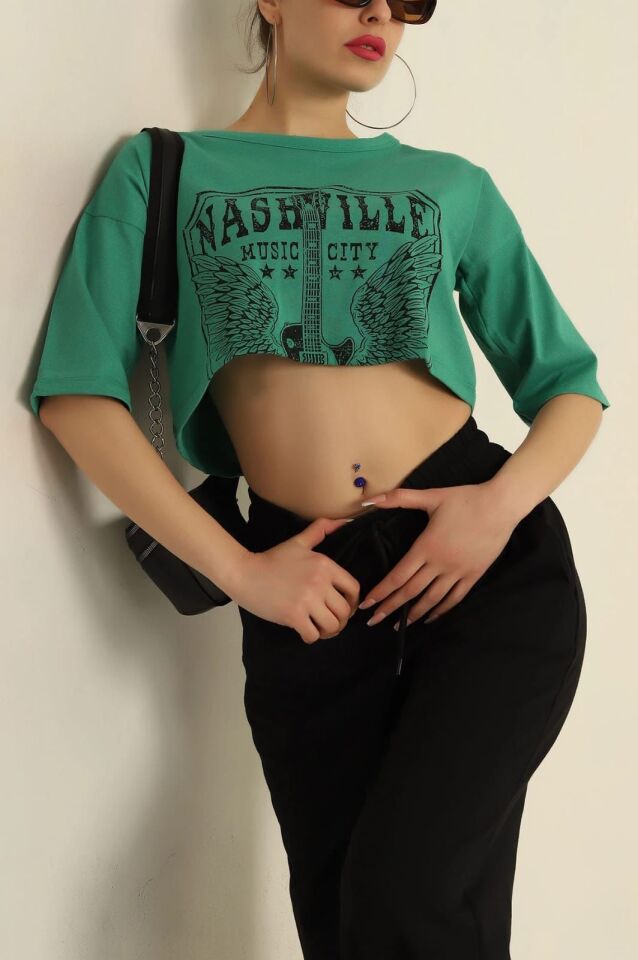 Gitar Baskılı Crop-Yeşil