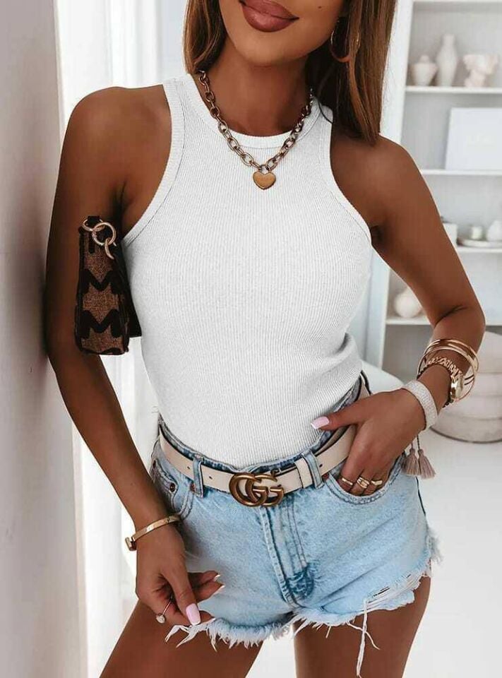 Halter Yaka Tişört-Beyaz
